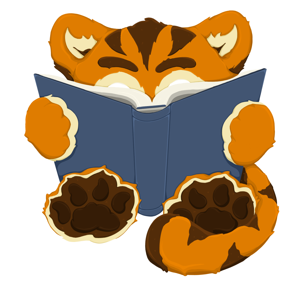 clipart of a cartoon tiger with his face behind a dark blue book