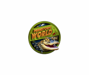 A logo for Prehistoric World with a picture of a young alligator coming out of a green circle.