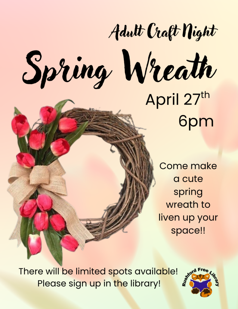 Flyer for adult craft night with an image of the a spring wreath with pink tulips
