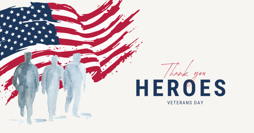 Thank you Heroes Veterans Day Flyer with images of USA flag and soliders.