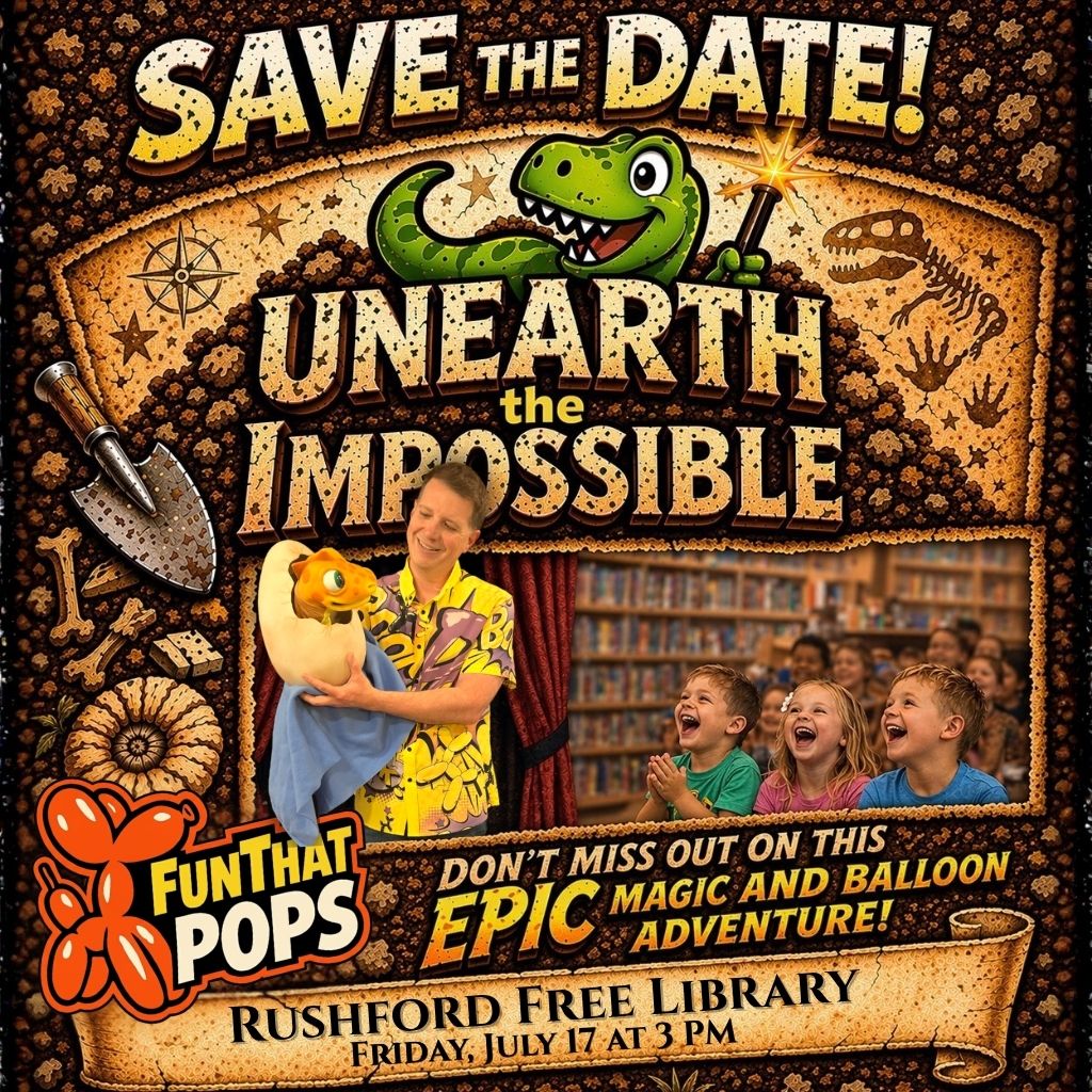 A save the date event flyer for unearth the impossible magic and balloon show presented by Fun That Pops hosted at the Rushford Free Library. images of cartoon dinosaur, children laughing and magician holding a dinosaur puppet
