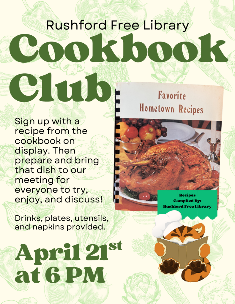 Flyer of the Rushford library cookbook club with an image of the cookbook Favorite Hometown Recipes with an image of a turkey dinner on the cover.