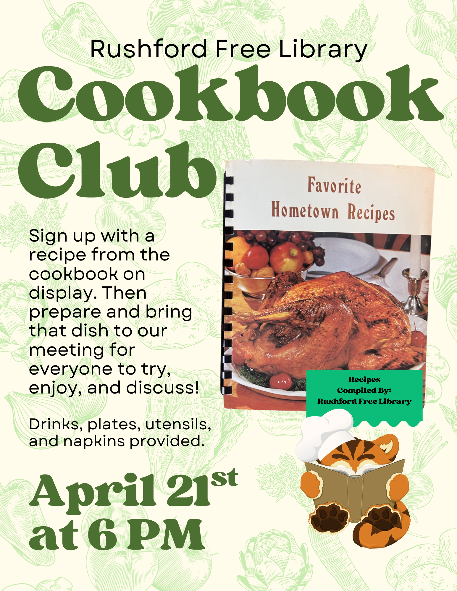Flyer for Rushford library cookbook club with a picture of the Favorite Hometown Recipes cookbook featuring a turkey dinner on the cover.