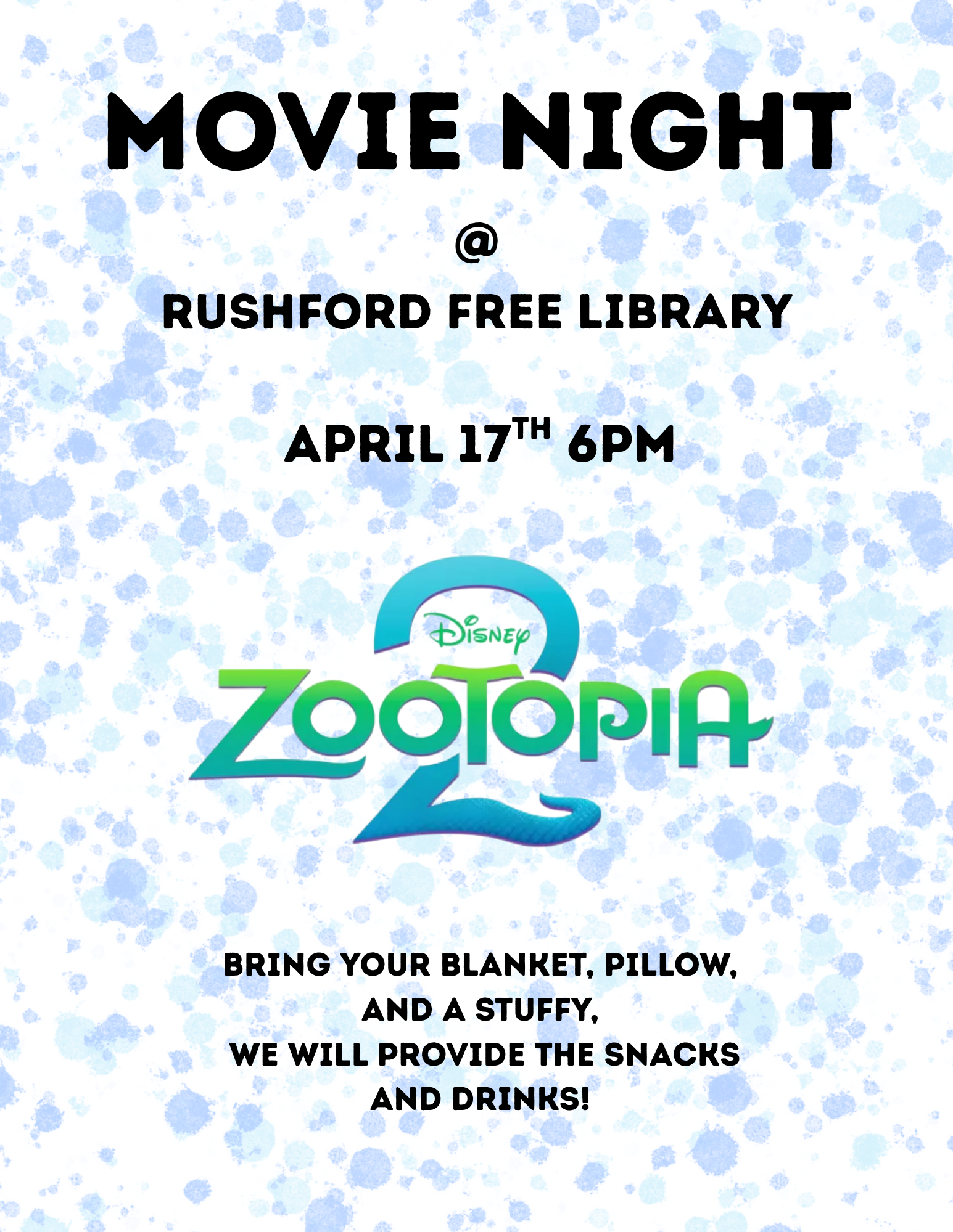 image of a flyer for a movie night at the Rushford library showing Disney's Zootopia 2