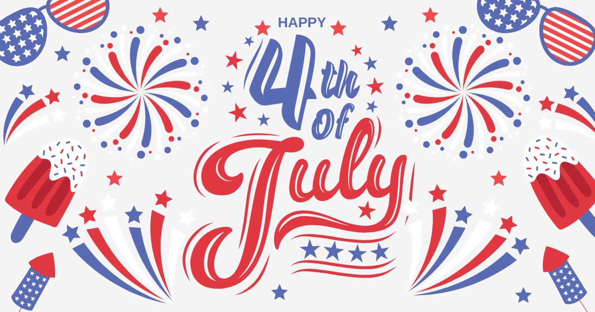 Flyer for the 4th of July with images of fireworks, popsicles and sunglasses all in red, white and blue