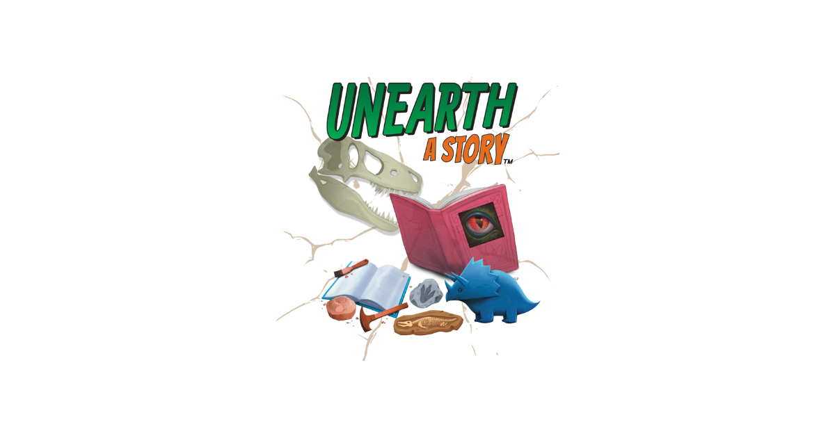 Flyer for summer reading program called Unearth A Story. Clipart images of dinosaurs, bones, books and fossils.
