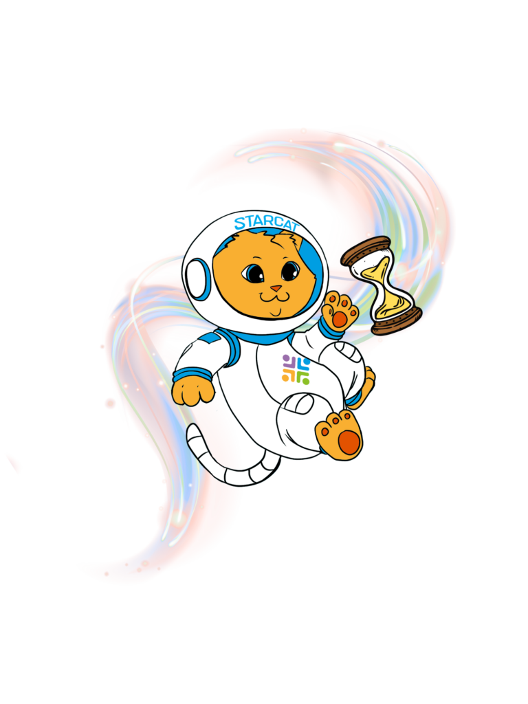Logo of Southern Tier Library Systems Starcat. Image of a cat in a space suit floating in space reaching for an hour glass. 