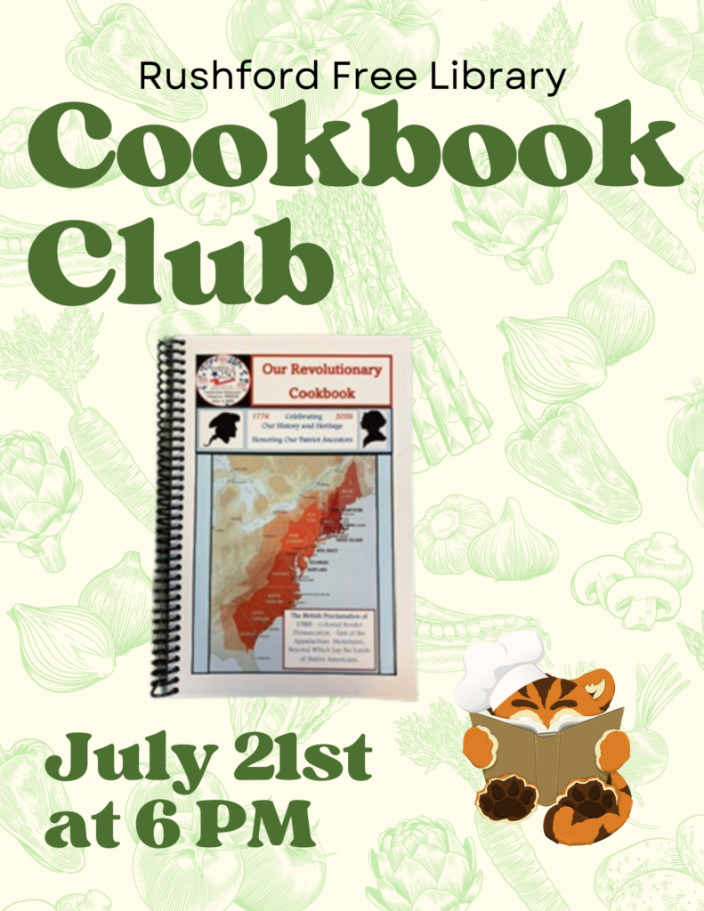 Flyer for Cookbook Club with images of cookbook "Our Revolutionary Cookbook", date July 21st at 6pm and image of logo tiger with book