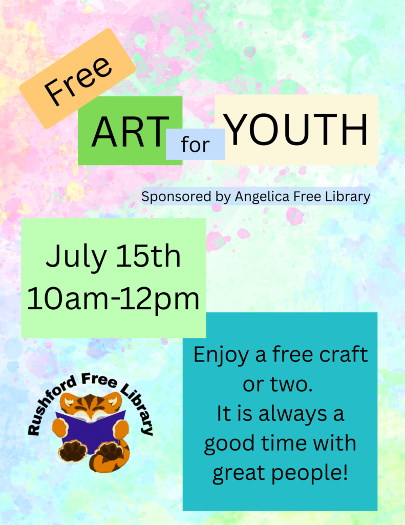 Flyer for "Free Art for Youth" class date July 15th at 10am image of logo tiger reading a book 