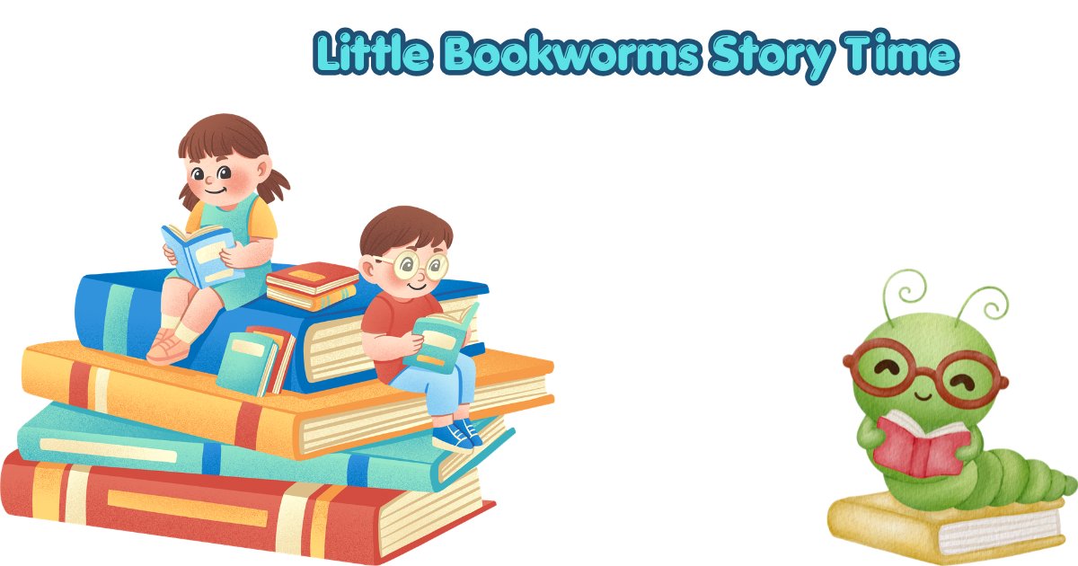 Little bookworms story time. Images of clipart little boy and girl reading books while sitting on a stack of books. Also a little green worm wearing glasses, reading a book and sitting on a book.