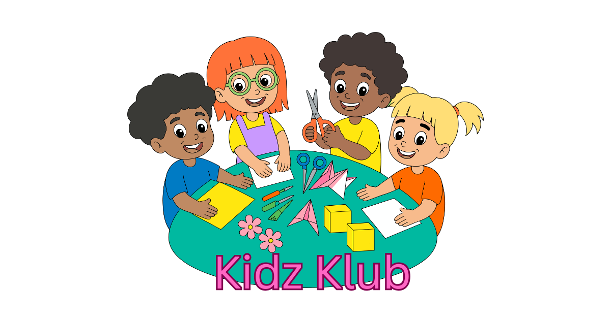 Flyer for Kidz Klub images of 4 children doing crafts together.