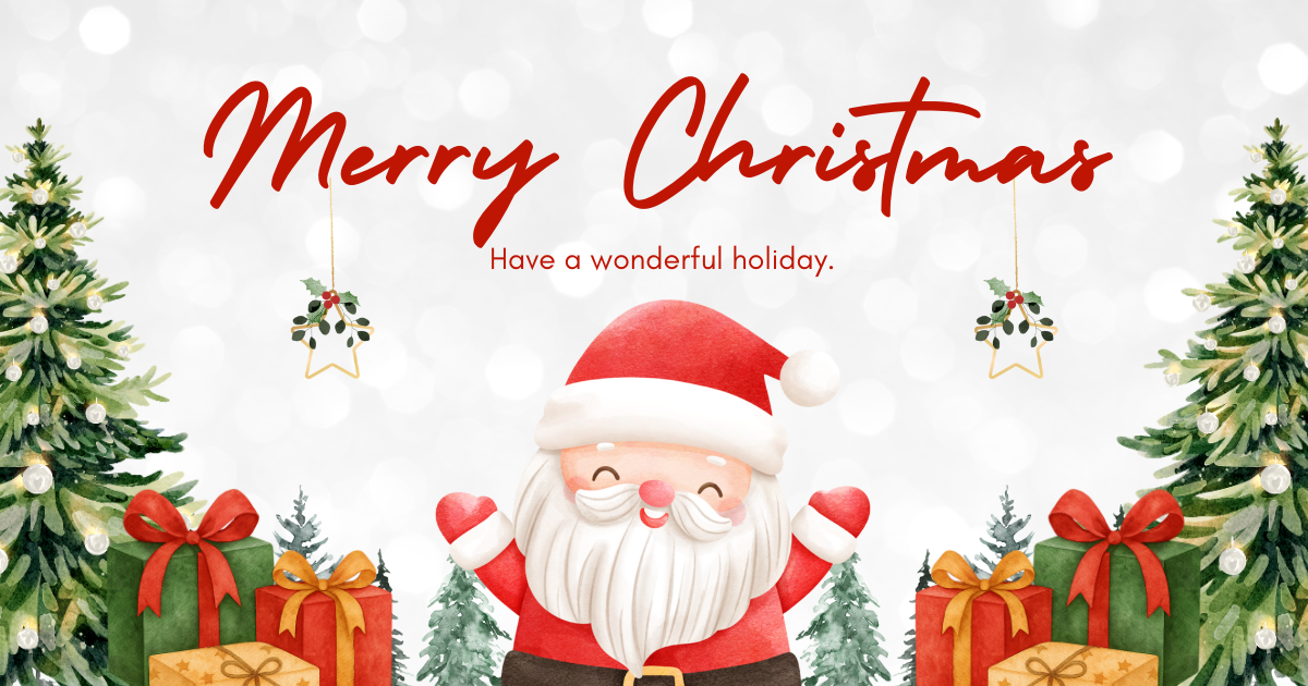 Merry Christmas. Have a wonderful holiday flyer. Images or trees, presents and Santa.